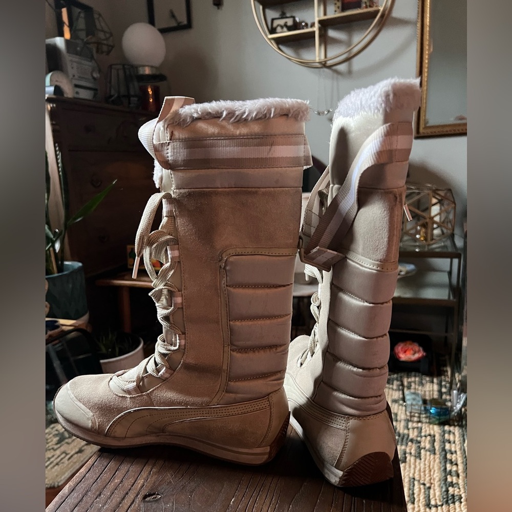 Puma Women's Tall Lace-Up Winter Boots in Light Beige with Faux Fur